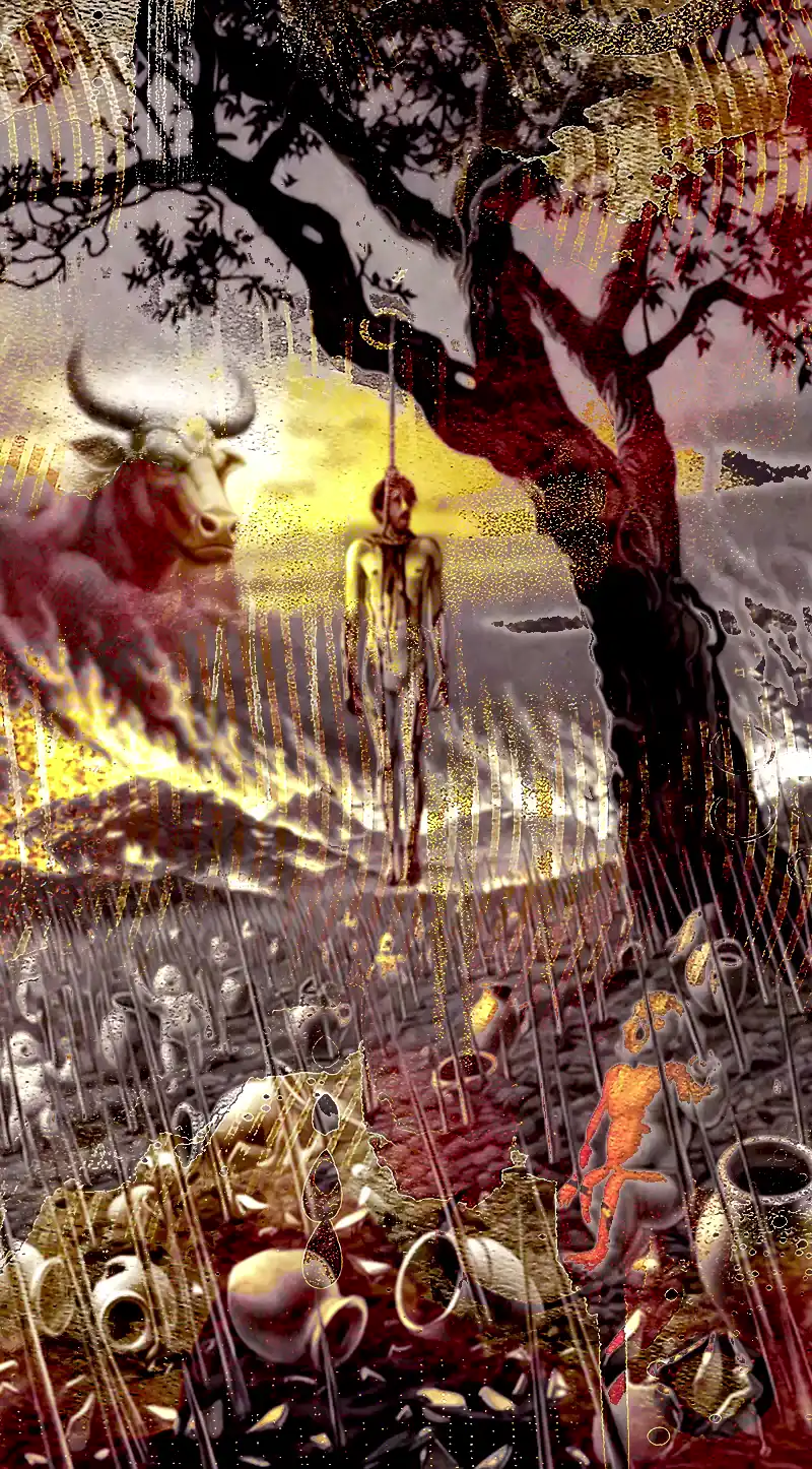 Akeldama the Field of Blood in the Valley of Hinnom, a grim biblical scene: in the center a remorseful man (Judas) hanging lifeless from the gnarled branch of an ancient fig tree, rope around his neck, body limp and blood-streaked; surrounding the tree base, terrified children screaming in agony as they are held outstretched in the scorching bronze arms of a massive Molech idol shaped like a bull-headed giant with outstretched hands engulfed in roaring flames; along the distant edges of the desolate field, piles of burning refuse and garbage send up thick columns of smoke and flickering firelight; the blood-soaked red clay ground pierced everywhere by jagged pottery shards and broken vessel fragments spiking upward like cruel knives and daggers emerging from the earth; scattered broken pots, ossuary fragments, and clay debris litter the scene